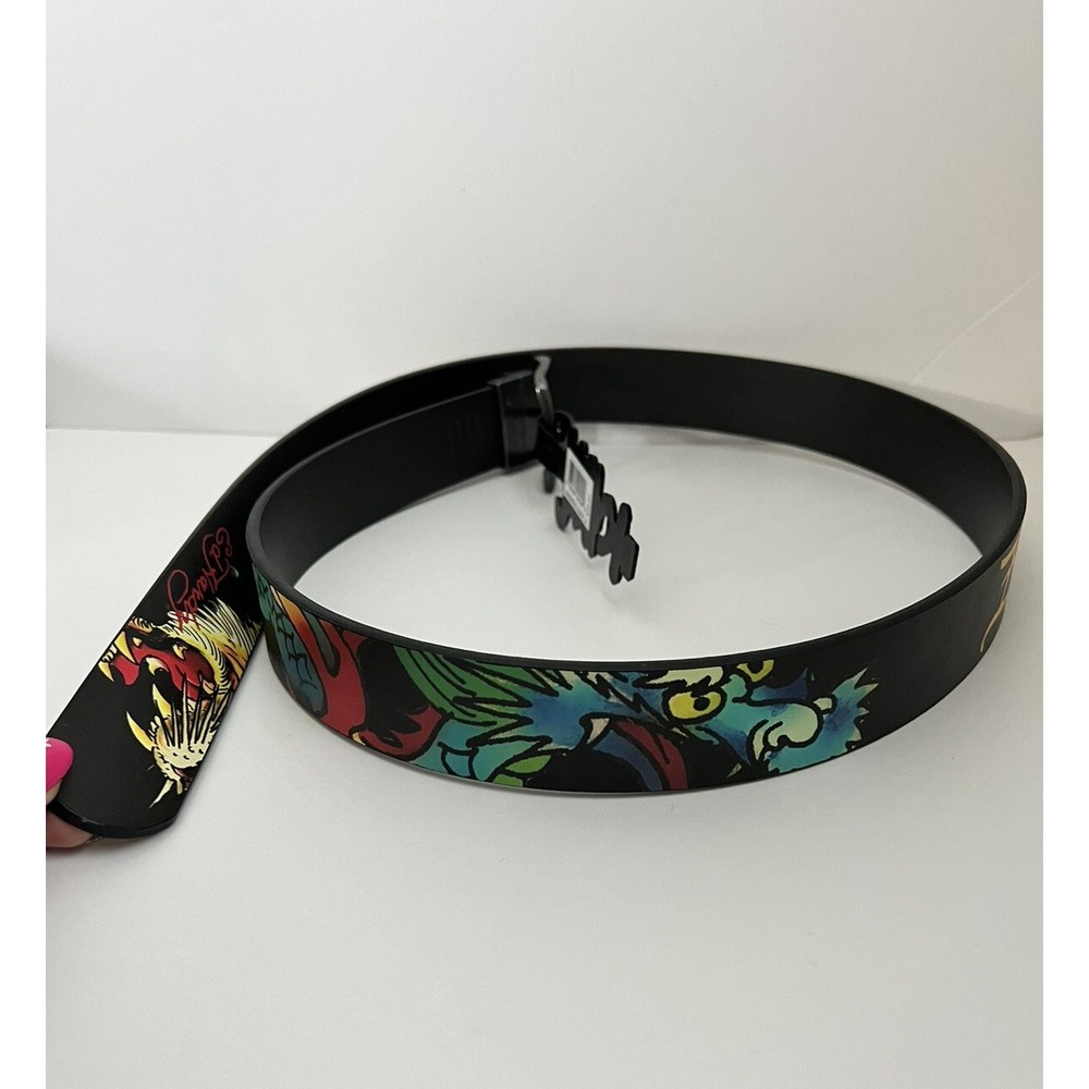 Ed Hardy Belt Men's Size 42 Dragon & Tiger Black Reversible Buckle Leather New
